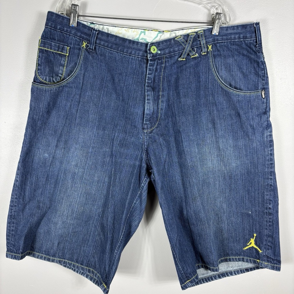 VTG Jordan XI Shorts Mens 42 Blue Baggy Embroider Denim Jorts Hip Hop Skater Y2K